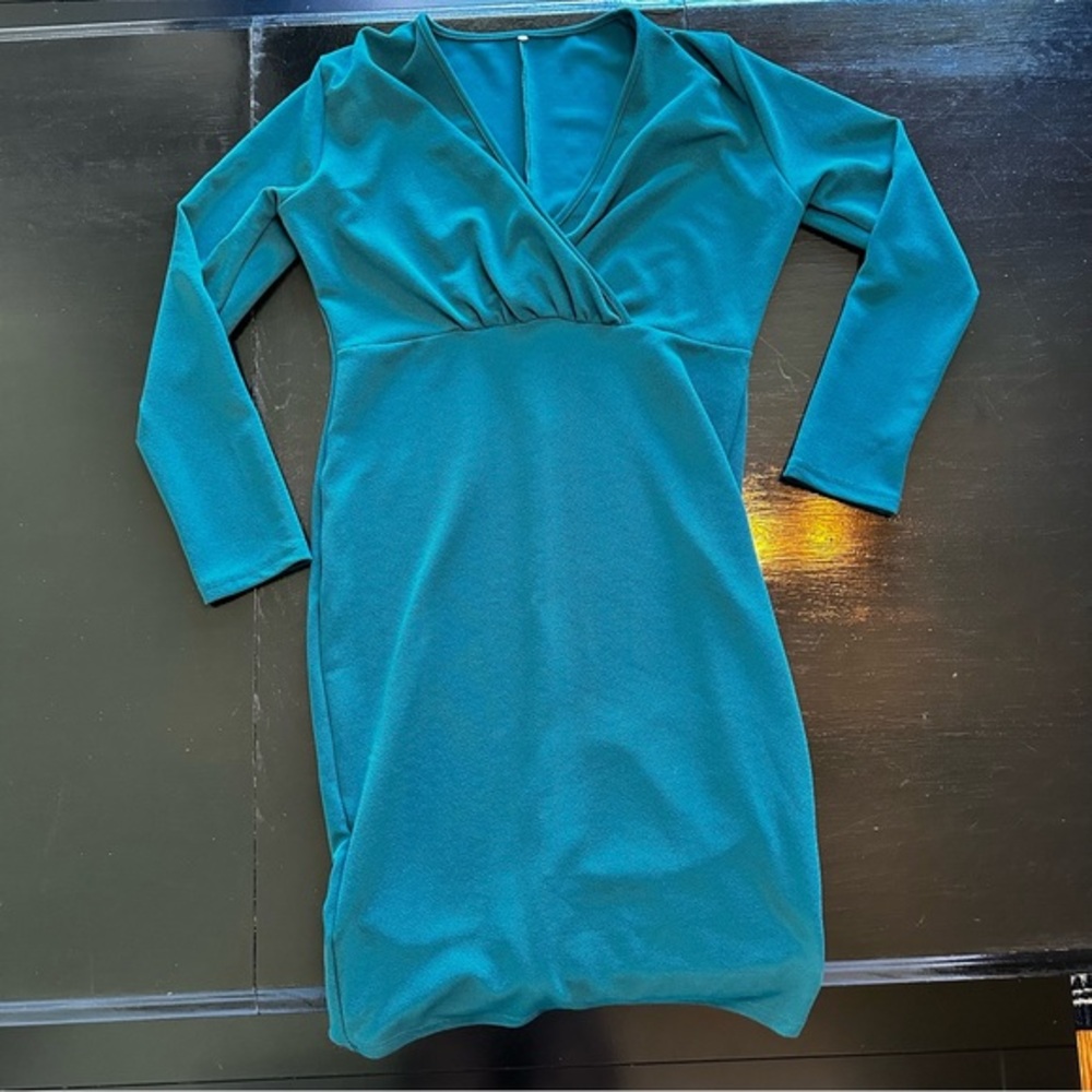 2XL Blue Turquoise Long Sleeve Dress Deep V